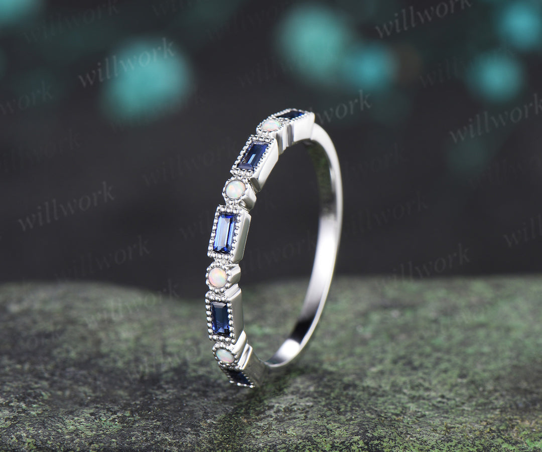 Baguette cut sapphire opal wedding band milgrain half eternity wedding ring band vintage unique stacking ring gifts for her