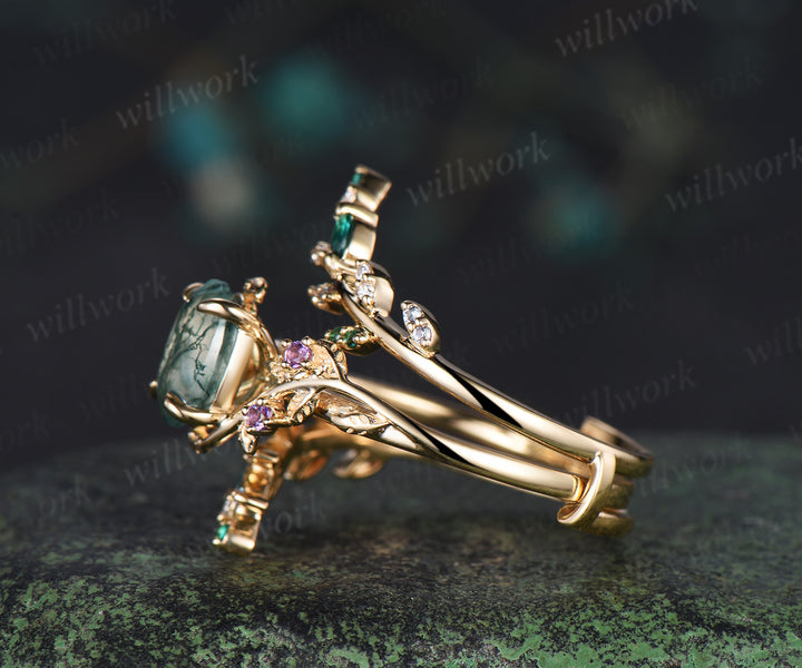 Oval cut moss agate engagement ring 14k yellow gold leaf amethyst emerald alexandrite wedding band enhancer women bridal ring set