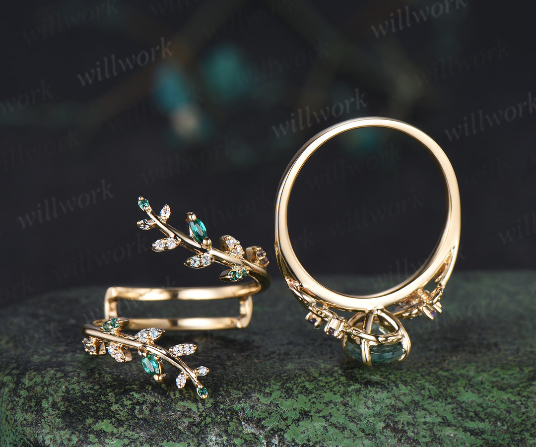 Oval cut moss agate engagement ring 14k yellow gold leaf amethyst emerald alexandrite wedding band enhancer women bridal ring set