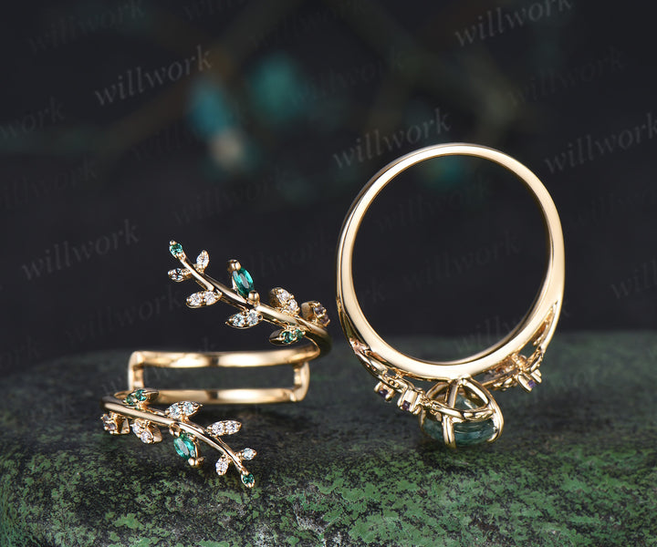 Oval cut moss agate engagement ring 14k yellow gold leaf amethyst emerald alexandrite wedding band enhancer women bridal ring set