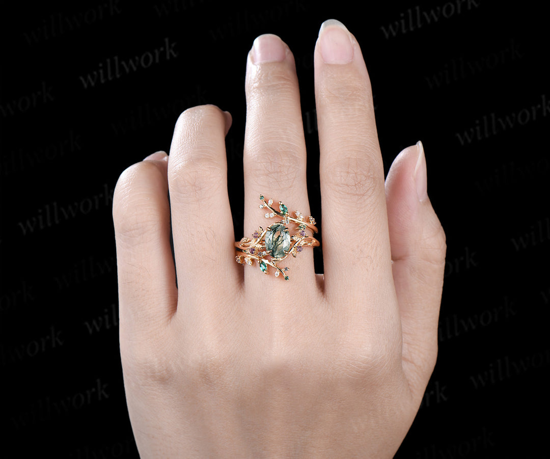 Oval cut moss agate engagement ring 14k yellow gold leaf amethyst emerald alexandrite wedding band enhancer women bridal ring set