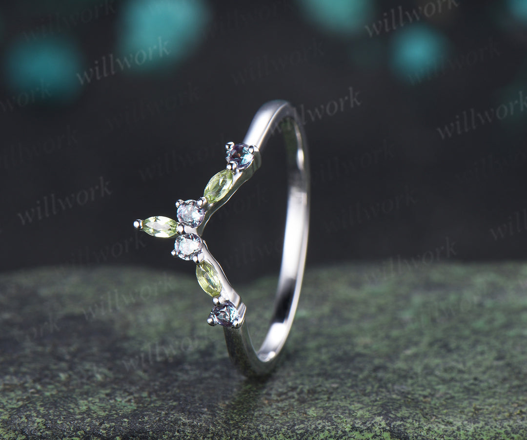 Curved V shaped wedding band unique marquise peridot round alexandrite stacking ring birthstone ring