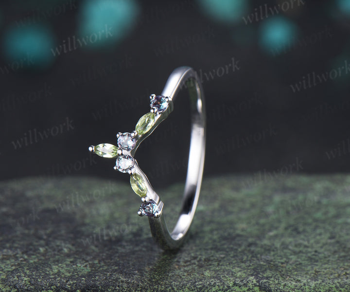 Curved V shaped wedding band unique marquise peridot round alexandrite stacking ring birthstone ring