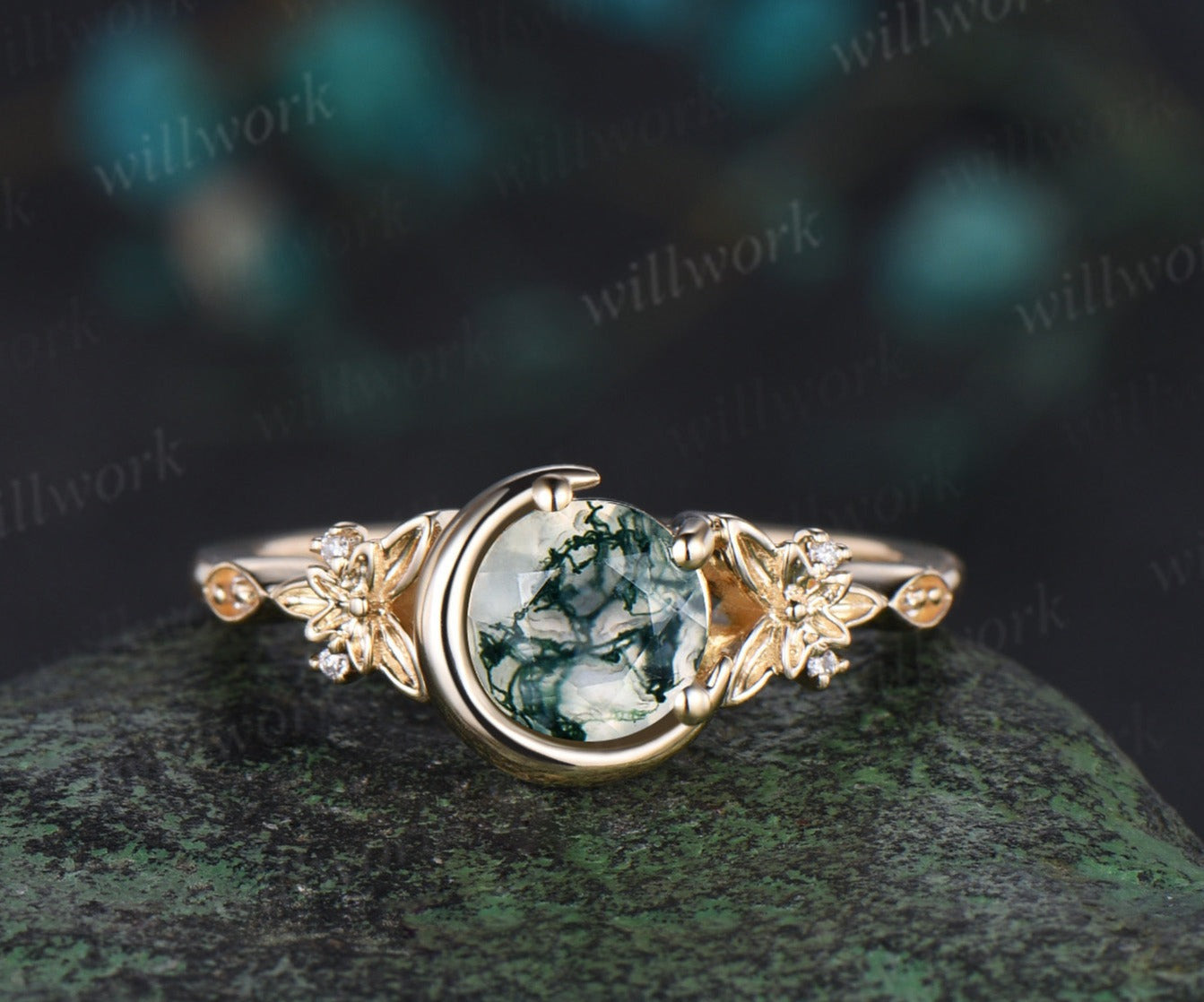 Vintage round cut moss agate engagement ring yellow gold butterfly