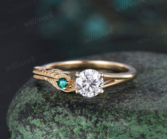 Vintage round cut Moissanite Toi et Moi Ring solid 14k yellow gold Peacock Feather two stone emerald wedding promise ring women gift