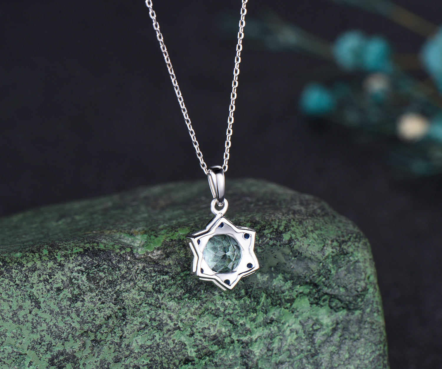 【HYSFORM】TIMEPIECE NECKLACE Unique Round Cut aquamarine Necklace Minimalist hexagram