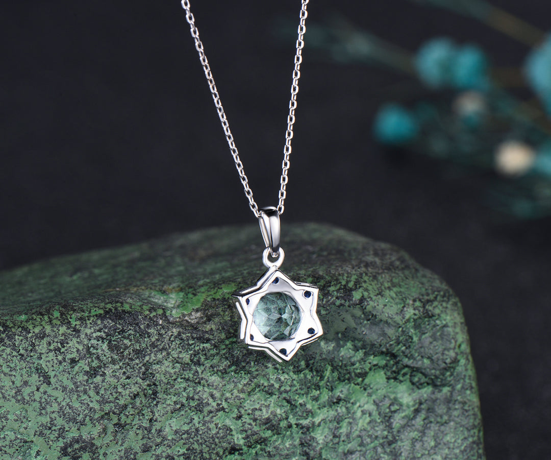 Unique Round Cut aquamarine Necklace Minimalist hexagram Halo Blue Sapphire Pendant 14k White Gold Bridal Jewelry Christmas Snow gift