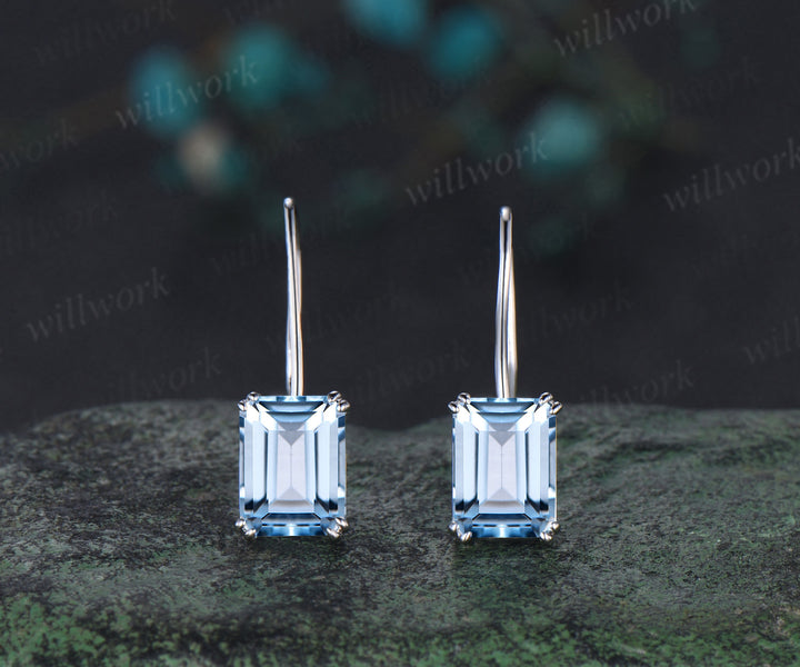 Emerald cut aquamarine stud earrings solid 14k white gold Solitaire Minimalist earrings anniversary gift for women