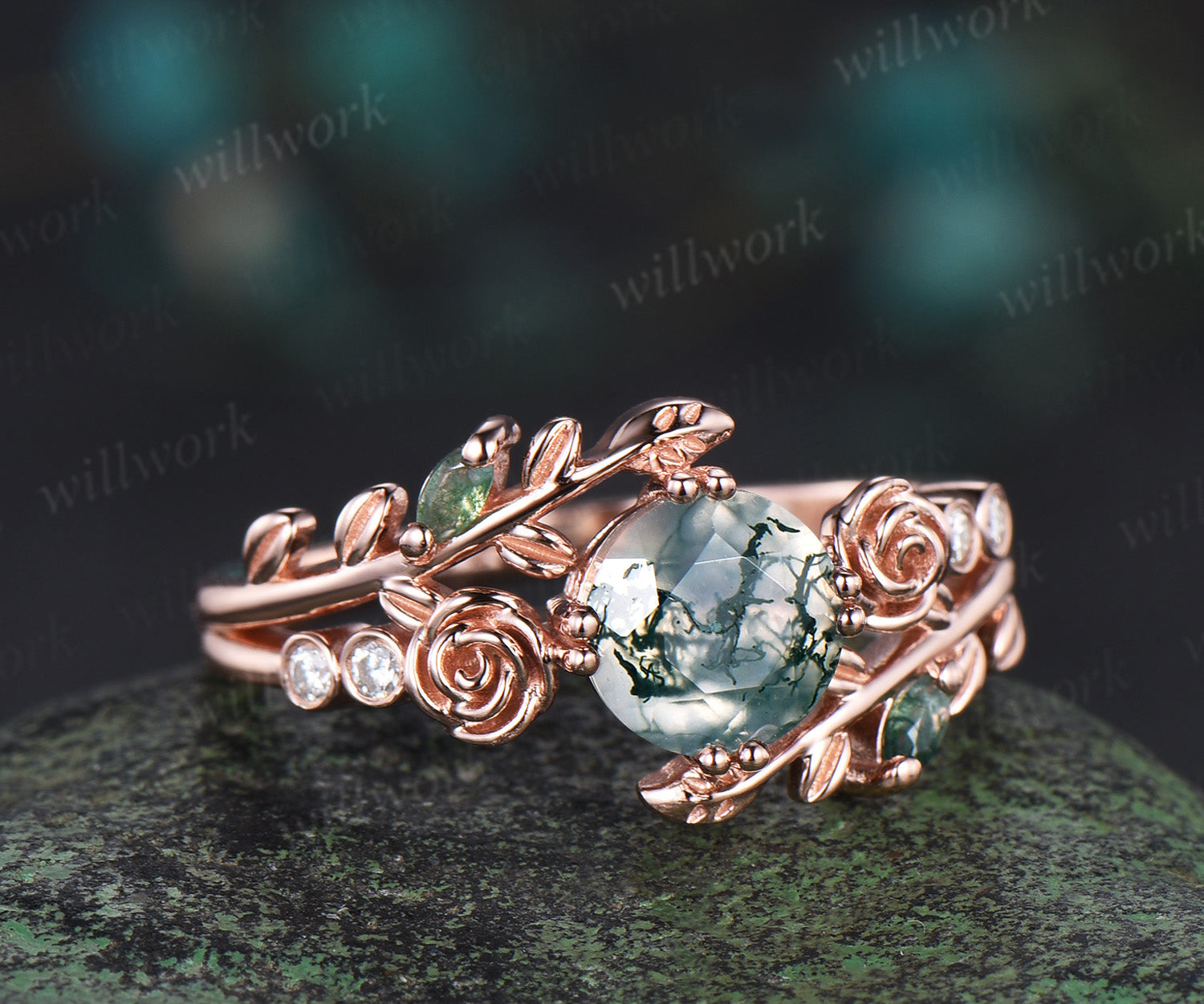 1ct Round Cut Natural Moss Agate Engagement Rings Set popular 14k Rose Gold Branch Design Solitaire Rings Unique Leaf Wedding Ring Anniversary Gift