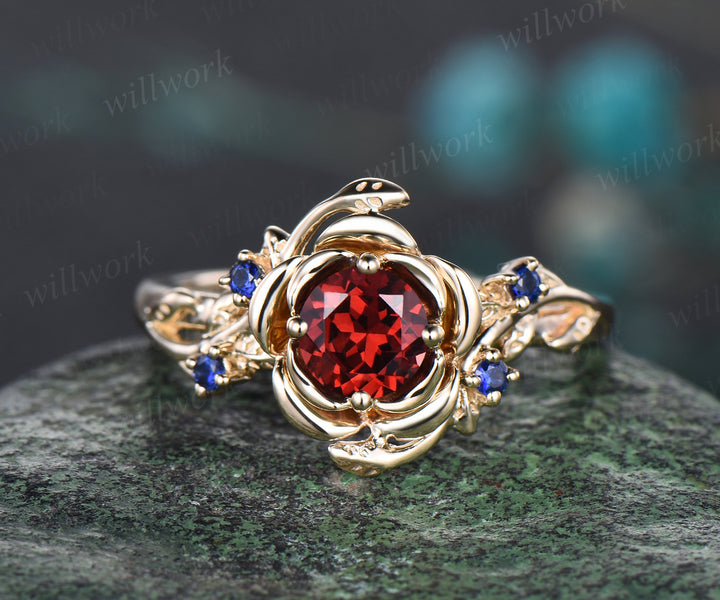 Unique round cut garnet engagement ring floral leaf art deco sapphires ring nature inspired wedding ring for women birthstone gifts