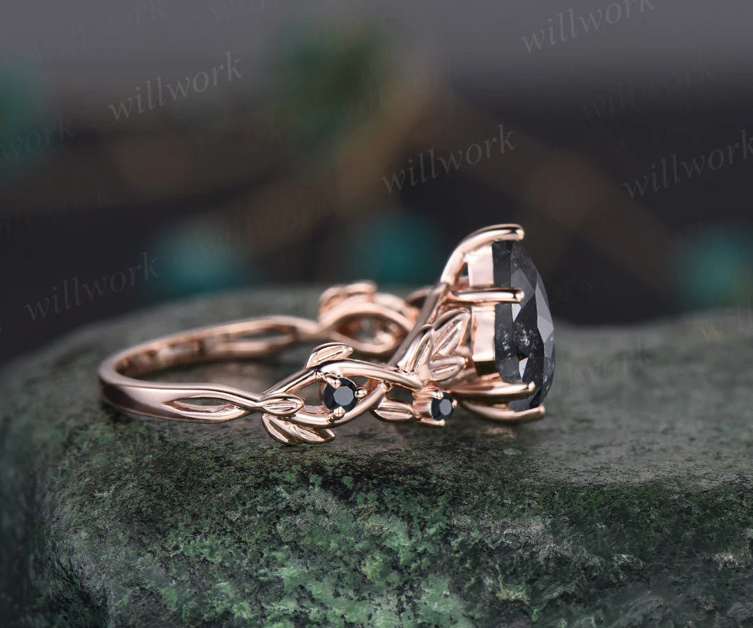 Leaf Kite Salt and Pepper Diamond Engagement Ring Nature Inspired Twig Black Diamond Accented Wedding Ring