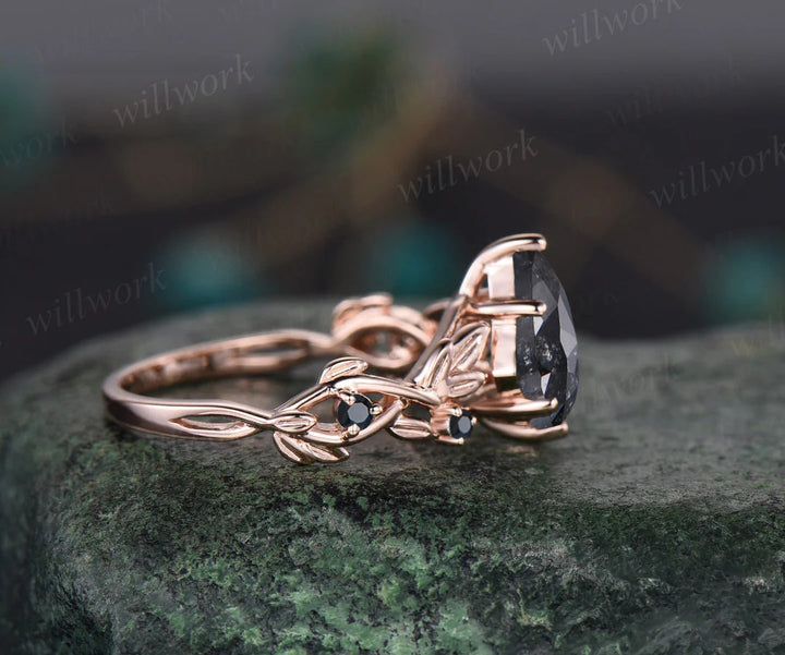 Leaf Kite Salt and Pepper Diamond Engagement Ring Nature Inspired Twig Black Diamond Accented Wedding Ring