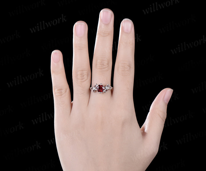 Floral shaped red garnet engagement ring white gold leaf nature inspired five stone January birthstone ring women gift