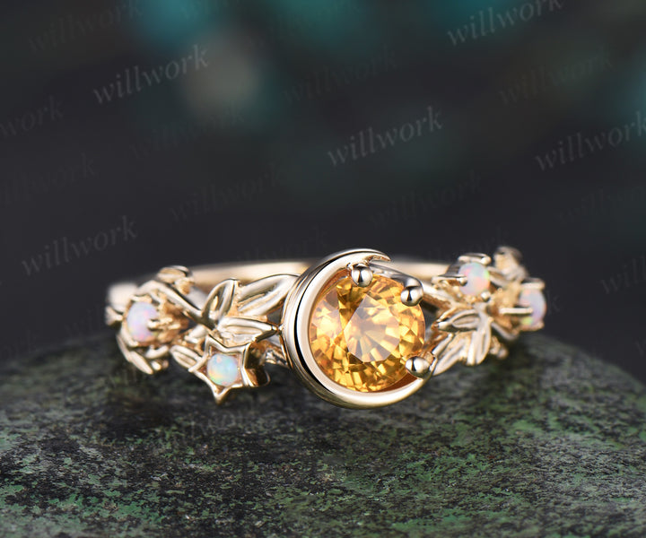 Round cut natural yellow sapphire Engagement Ring moon leaf star opal ring 14k gold vintage Nature Inspired  unique wedding ring women