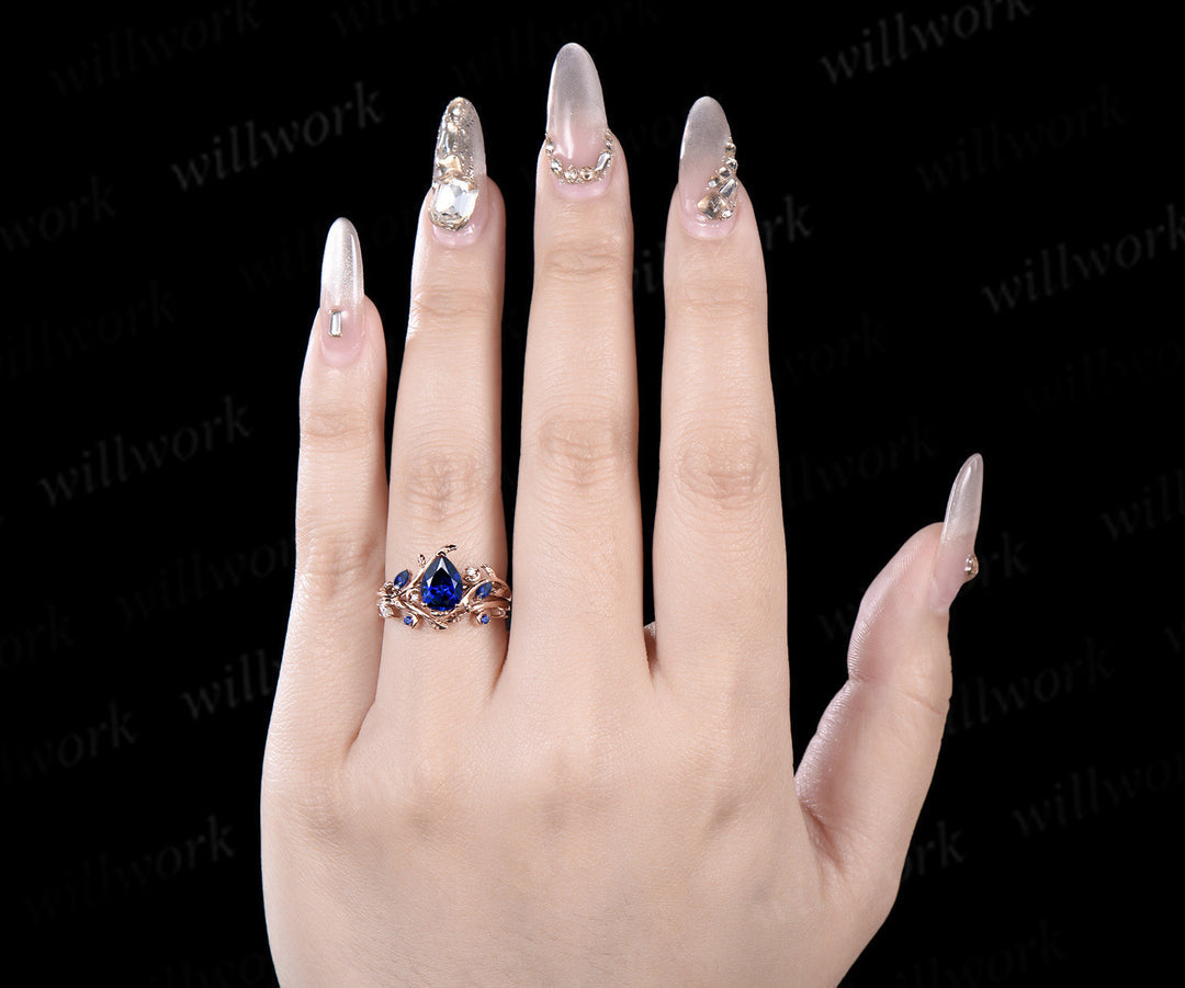 Vintage pear sapphire engagement ring set unique twig leaf moon ring marquise moissanite sapphire wedding band bridal jewelry set
