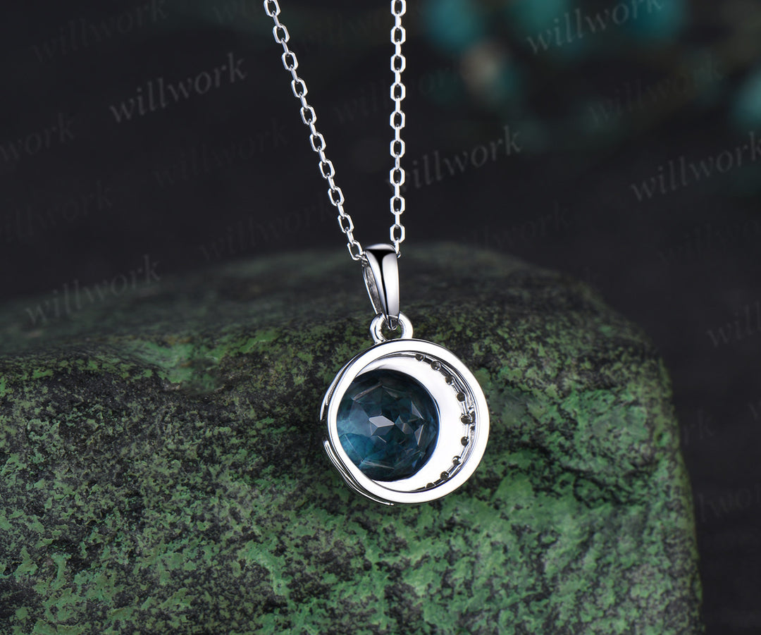 Dainty Round Cut London Blue Topaz Necklace Unique Moissanite Moon Pendant Minimalist December Birthstone Blue Topaz Necklace Women