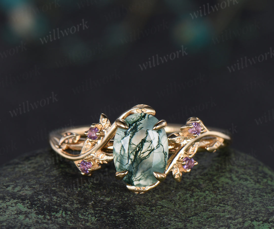Oval cut moss agate engagement ring 14k yellow gold leaf amethyst emerald alexandrite wedding band enhancer women bridal ring set