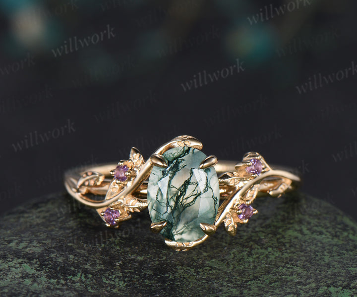 Oval cut moss agate engagement ring 14k yellow gold leaf amethyst emerald alexandrite wedding band enhancer women bridal ring set