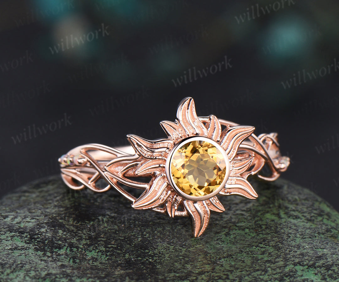 Rapunzel Ring Sun citrine Engagement Ring Tangled Sunflower Ring bezel 14k rose Gold Wedding Ring Birthday Gift For Her