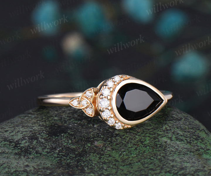 Pear shaped black onyx engagement ring solid 14k yellow gold bezel moon Celtic knot wedding ring women gemstone