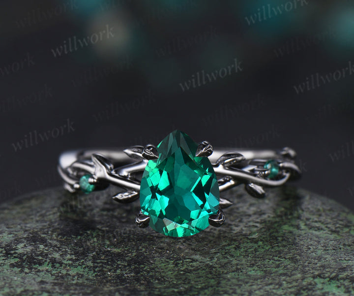 Black Gold Pear Emerald Engagement Ring Set Twig Vine Wedding Ring Gothic Promise Rings