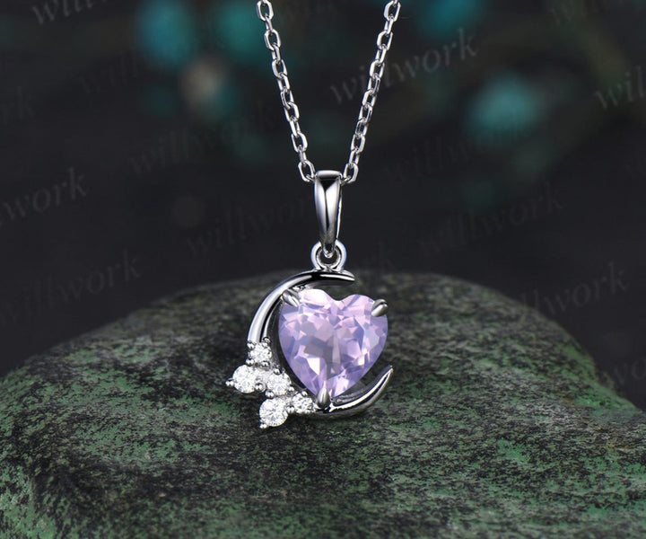 Vintage heart shaped Lavender Amethyst necklace white gold cluster moon snowdrift diamond pendant women February birthstone anniversary gift