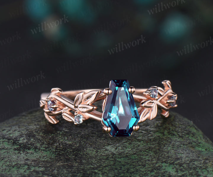 Coffin cut alexandrite engagement ring vintage five stone leaf infinity kite cut ring vine branch anniversary ring gift