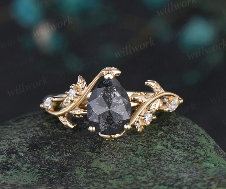 Vintage pear salt and pepper diamond engagement ring solid gold leaf branch nature inspired promise bridal ring set women