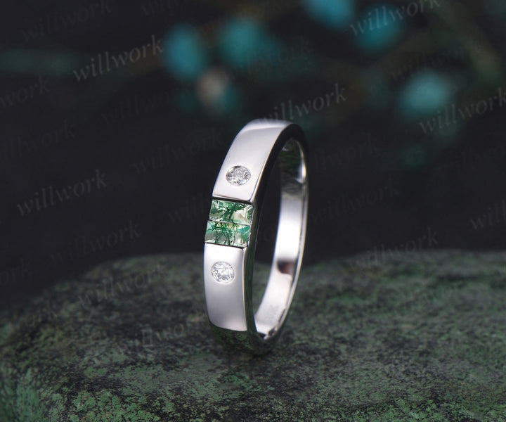 Baguette cut moss agate wedding band men four stone diamond mens wedding ring band unique engagement anniversary gift