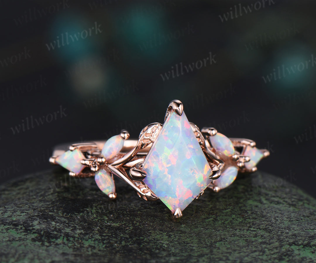 Kite cut white opal engagement ring 14k rose gold vintage leaf kite opal ring women nature inspired anniversary gift