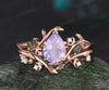 Pear shaped Lavender Amethyst ring rose gold leaf nature inspired romantic engagement ring women art deco promise wedding bridal ring set