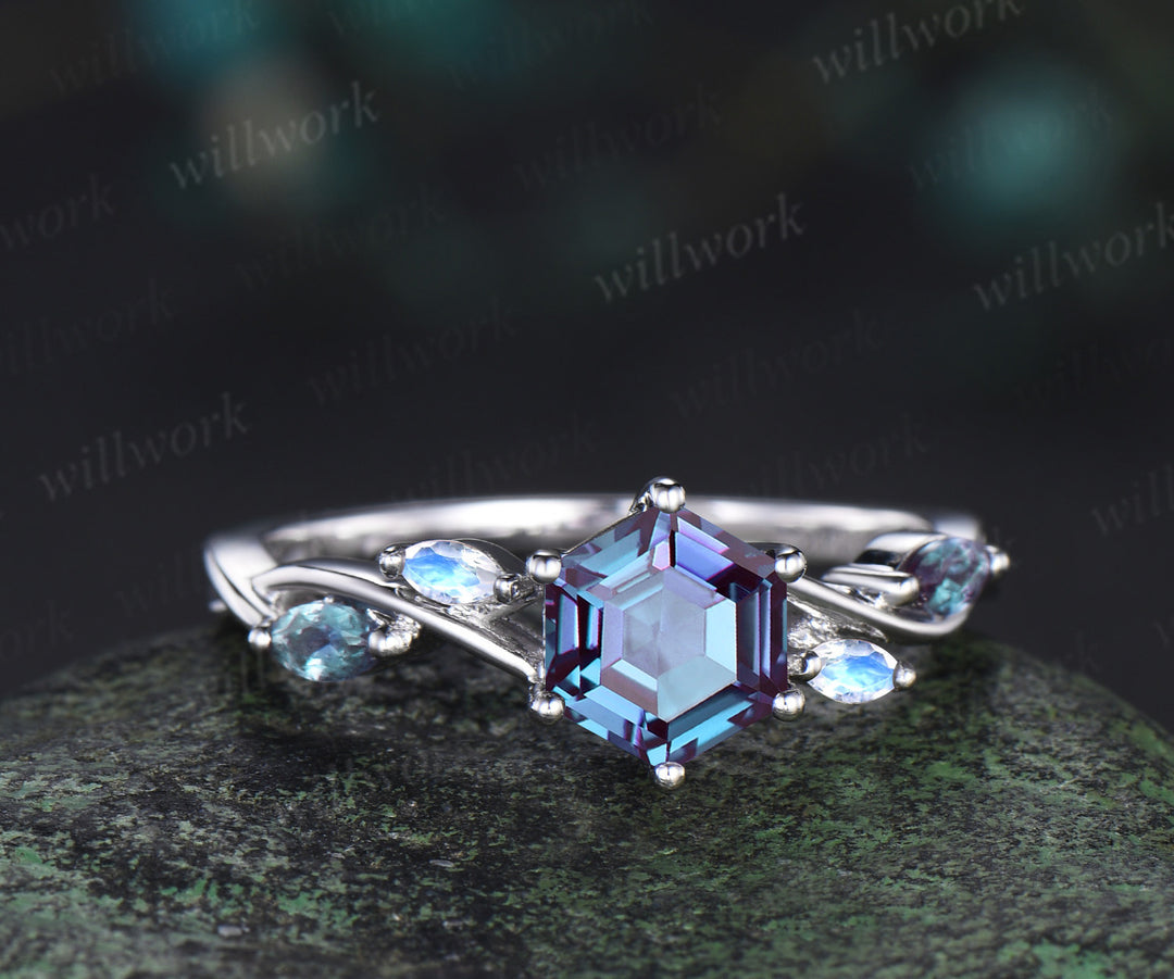 Hexagon cut alexandrite engagement ring 14k white gold 6 prong infinity moonstone retro unique wedding ring women