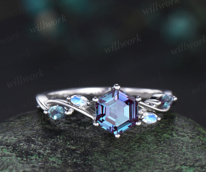 Hexagon cut alexandrite engagement ring 14k white gold 6 prong infinity moonstone retro unique wedding ring women