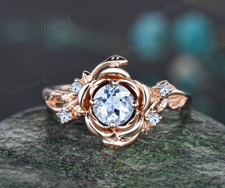 READY TO SHIP: Round Aquamarine Engagement Ring - 10k Rose Gold - Ring Size: 8 US