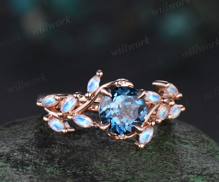 1ct round London Blue Topaz Moonstone Ring Vintage rose gold Leaf Cluster Engagement Ring December Birthstone Gift Women