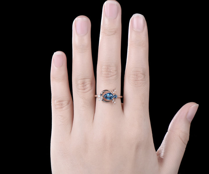 Pear London blue topaz ring vintage unique moon bat engagement ring cluster diamond ring women east to west anniversary wedding ring gift