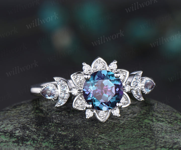 1ct Round cut Alexandrite engagement ring cluster floral moon halo diamond wedding ring women 14k white gold