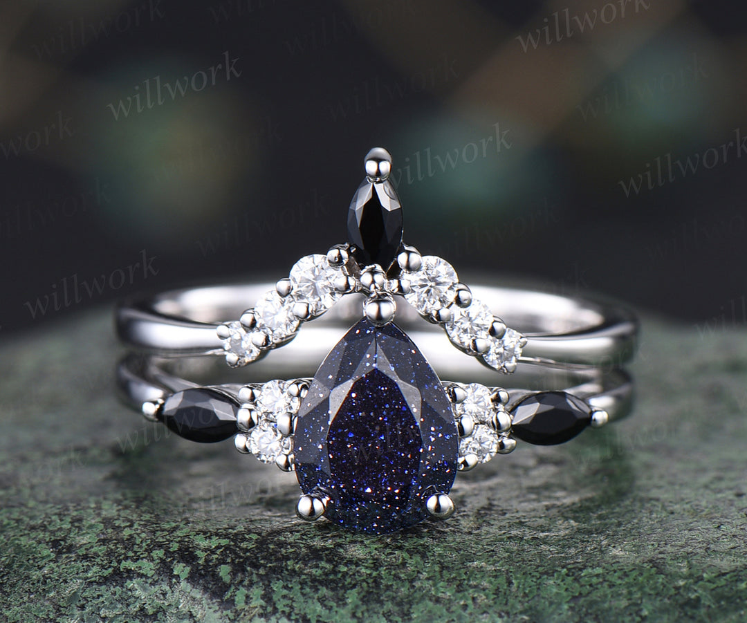 Vintage blue sandstone engagement ring set unique Galaxy blue gem ring curved moissanites wedding band bridal wedding set anniversary gifts