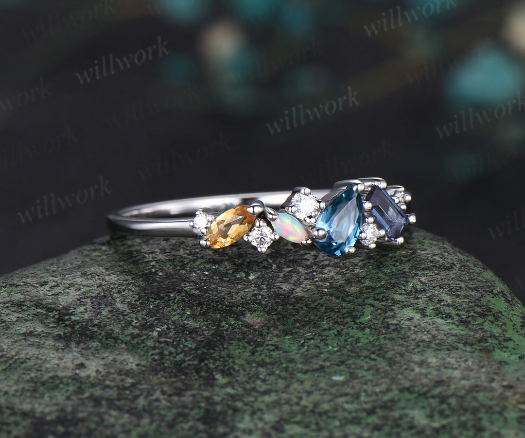 14k white gold pear London blue topaz alexandrite opal citrine moissanite wedding band Multi-Stone Ring anniversary engagement ring gift