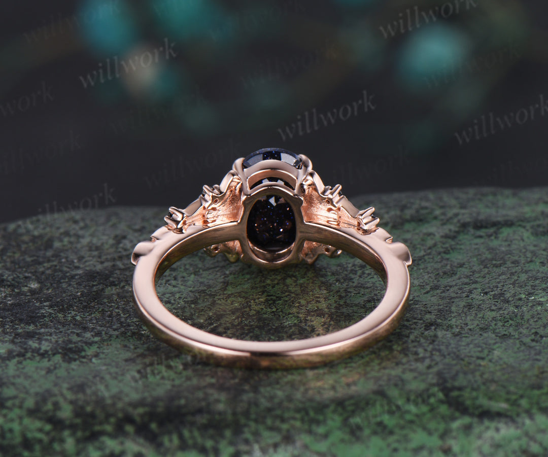 Vintage oval cut blue sandstone engagement ring rose gold leaf cluster antique sapphire black spinel anniversary ring women gift