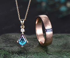 Enchanting Alexandrite Kite Pendant & Men's Baguette Ring 14K rose gold jewelry set Valentine's Day Exclusive Gift for her