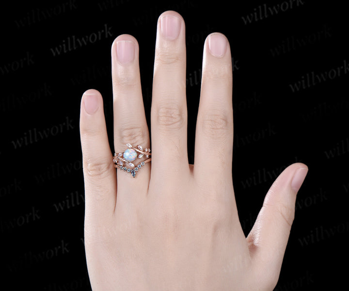 Round white opal engagement ring 14k rose gold twisted art deco cluster moonstone alexandrite bridal wedding ring set women
