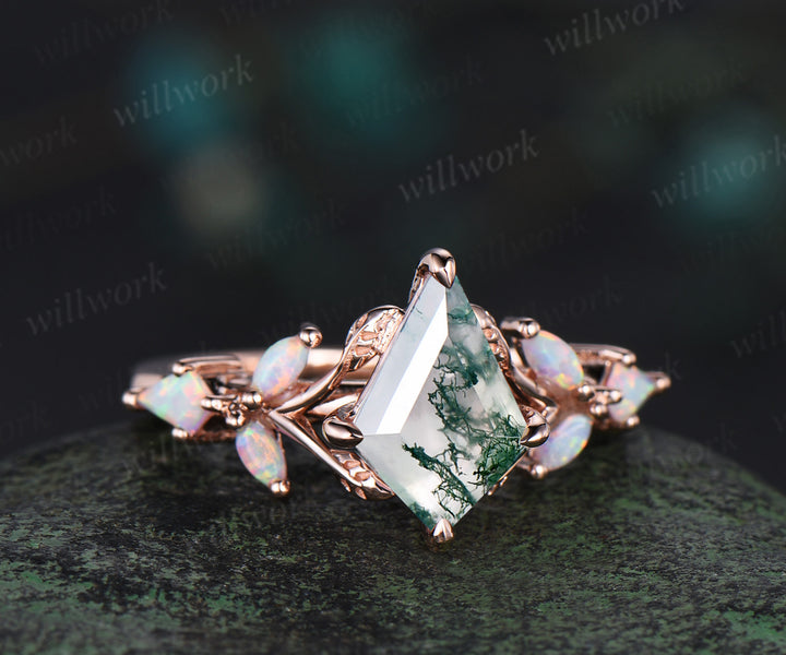 Unique kite cut moss agate engagement ring leaf kite opal ring 14k rose gold art deco promise anniversary gift