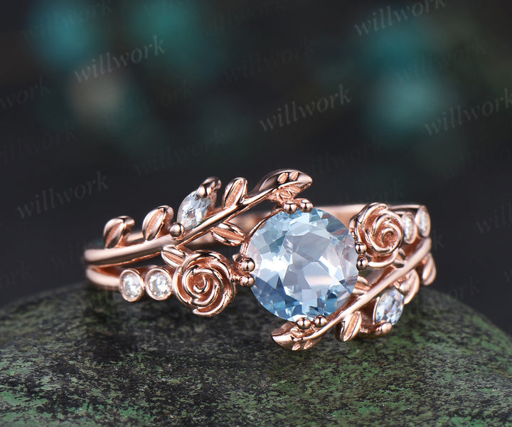 Unique round aquamarine engagement ring floral leaf diamond ring women rose gold nature inspired promise ring her gift