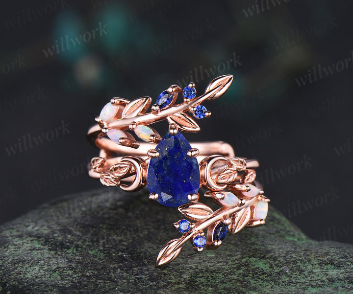 Pear Lapis Lazuli Leaf Vines Bridal Ring Set & Tungsten Galaxy Nebula Gold Flakes Men’s Band Unique Couple Ring Set