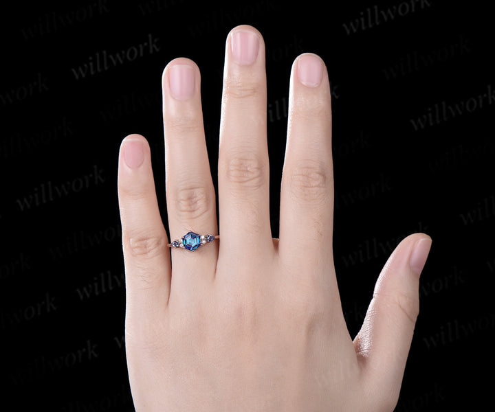 Hexagon cut Alexandrite engagement ring solid kite 6 prong 14k rose gold diamond ring unique promise wedding ring women