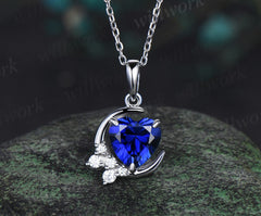Vintage heart shaped blue sapphire necklace white gold cluster moon snowdrift diamond pendant women September birthstone anniversary gift