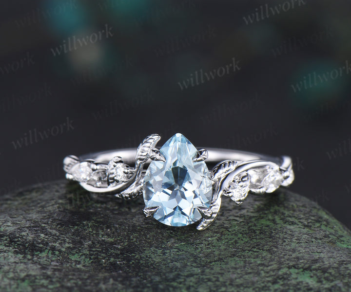 Twig Vine Nature Inspired Natural Aquamarine Diamond Engagement Ring 14K White Gold Moissanite Wedding Leaf Bridal Set Promise Gifts