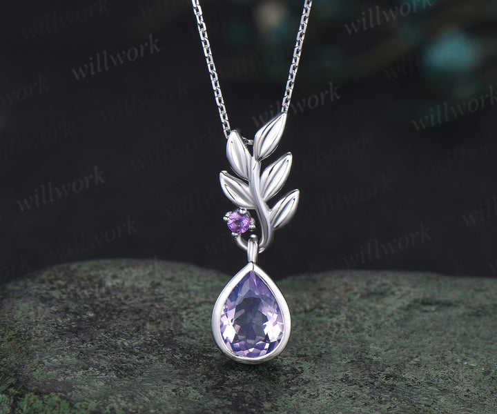 Pear cut Lavender Amethyst necklace white gold two stone leaf unique pendant women anniversary bridal gift