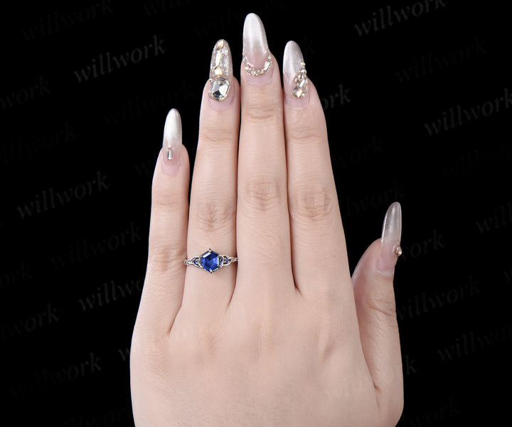 Hexagon cut blue sapphire engagement ring white gold five stone infinity Celtic knot September birthstone anniversary ring women